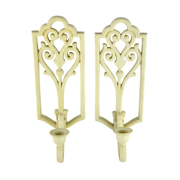 Vintage Homco Ivory Wall Sconces 1982 Plastic Candle Holders Scroll Decor 4229 - Picture 1 of 16